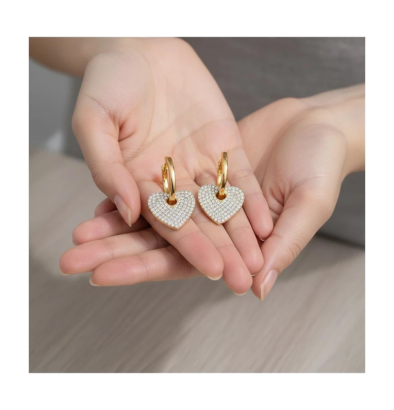 14k Yellow Gold Plated with Cubic Zirconia Heart Dangle Infinity Hoop Drop Earrings