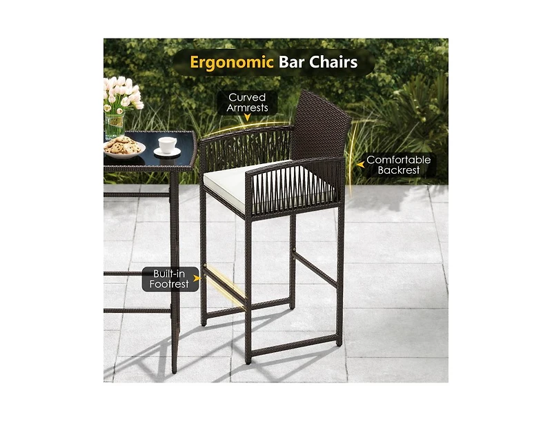 Slickblue Outdoor 3-Piece Wicker Bar Set with Seat Cushions