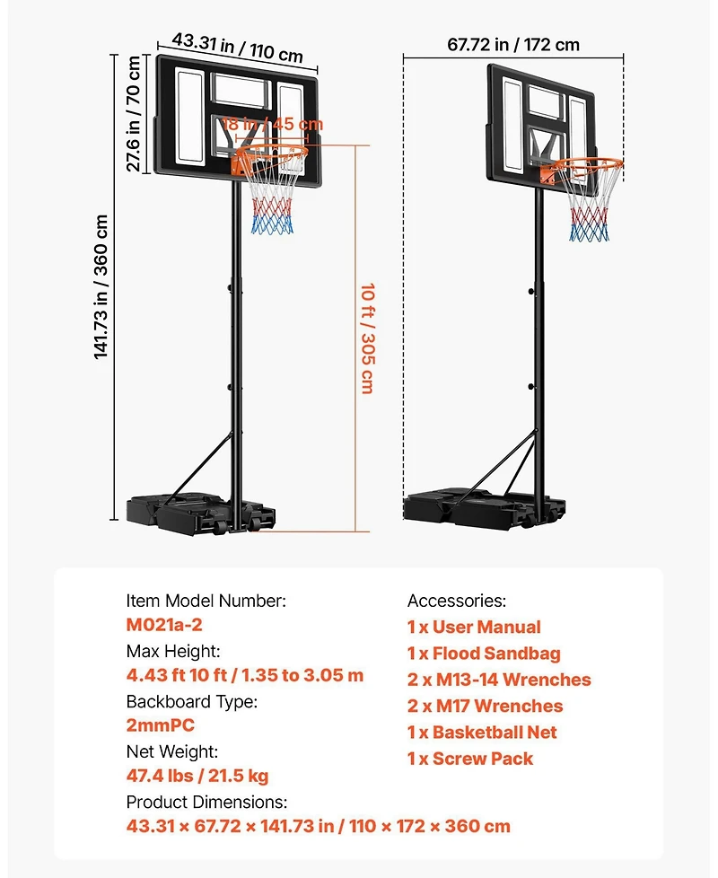 Mecale Portable Basketball Hoop, 4.4–10 ft Height Adjustable Stand, Built-In Rolling Wheels, Adjustable Goal System
