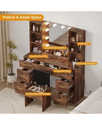 gaomon Makeup Vanity Desk with Lighted Mirror, Large Brown Vanity Table Set, Power Outlet & Usb Ports, Dressing Table with Storage Bench