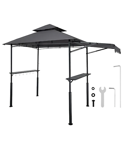 Mecale 8 x 5 ft Grill Gazebo, Double-Tiered Top Bbq Gazebo with Extra Awning, Steel Frame, 2 Side Shelves, Bottle Opener and Hooks