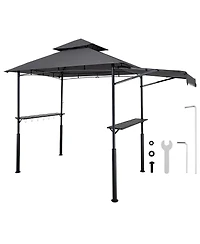 Mecale 8 x 5 ft Grill Gazebo, Double-Tiered Top Bbq Gazebo with Extra Awning, Steel Frame, 2 Side Shelves, Bottle Opener and Hooks