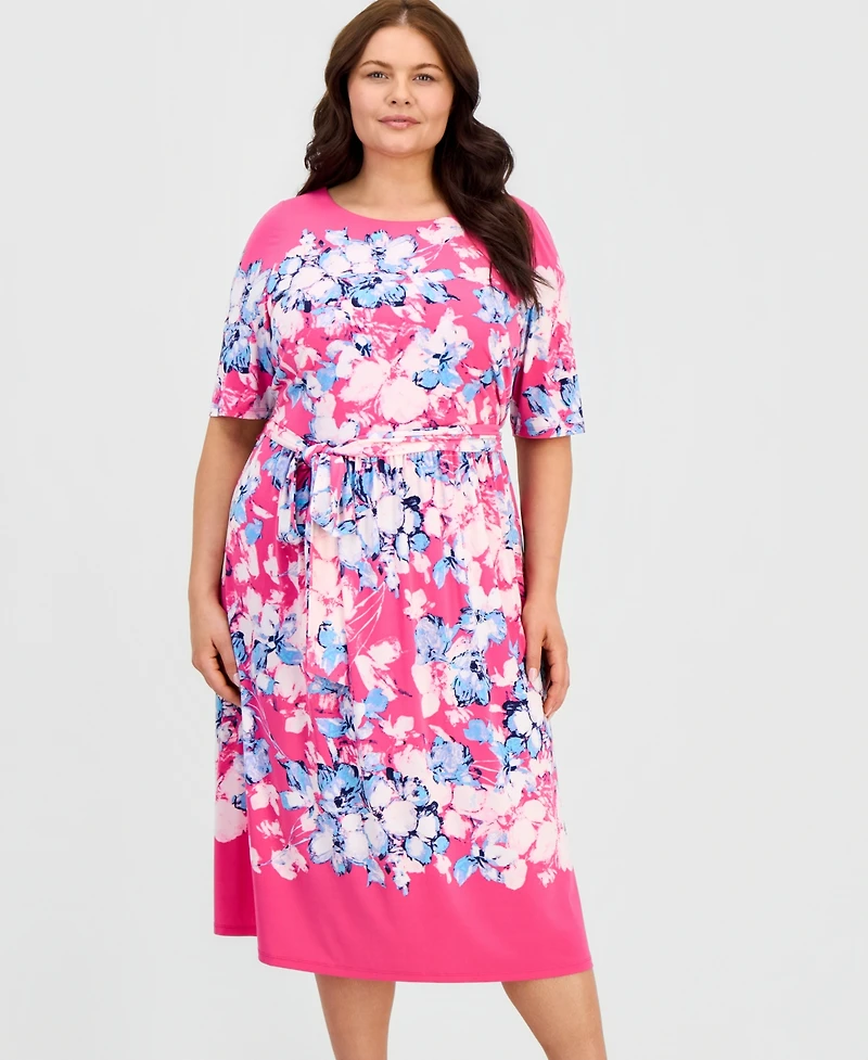 Kasper Plus Printed Short-Sleeve Midi Dress