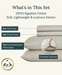Certified Luxury 100% Egyptian Cotton Sheets, 4 Piece Deep Pocket Bed Sheets Set, Sateen Cooling for Hot Sleepers by California Design Den