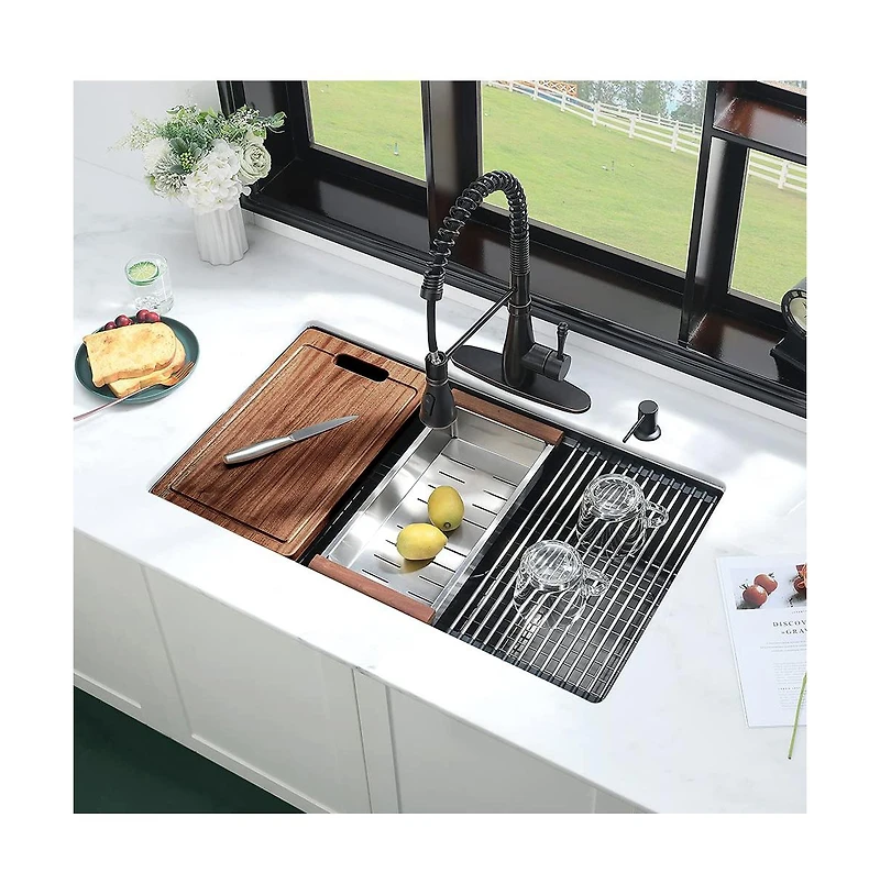 flynama 32x19inch Undermount Workstation Kitchen Sink Stainless Steel Deep Basin Accessory Set