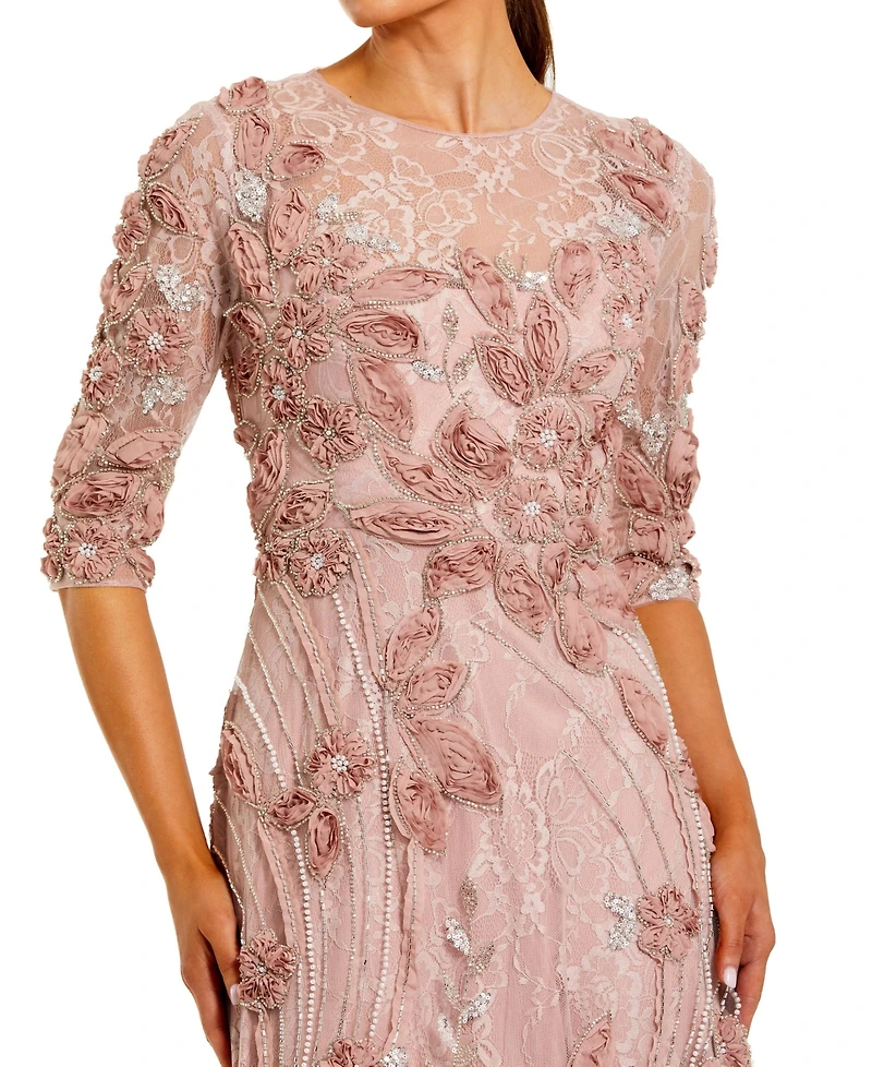 Mac Duggal Petite 3/4 Sleeve High Neck Embroidered A Line Gown