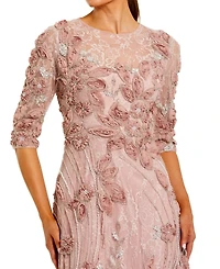 Mac Duggal Petite 3/4 Sleeve High Neck Embroidered A Line Gown