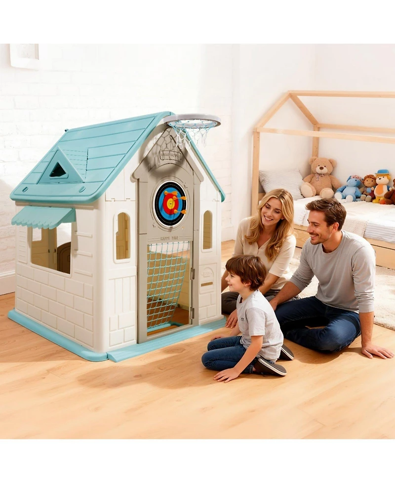 Mecale 5-in-1 Outdoor Playhouse Cottage, Pretend Play + Basketball, Darts, Soccer, Ring Toss, Door & Window, Ages 2