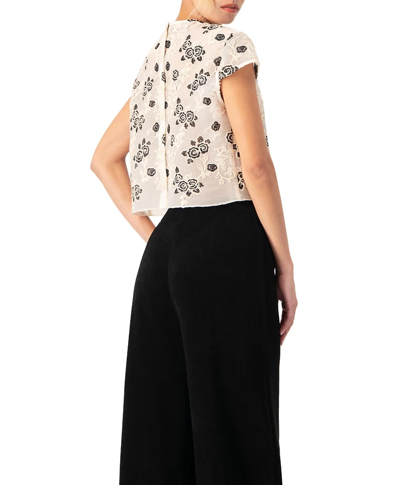 Ivonne Women's Floral Embroidered See-Though Crop Top