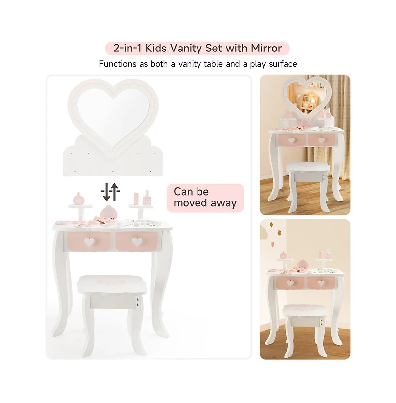 Bruce & Shark Princess Vanity Set for Girls | Kids Makeup Table with Mirror, Stool, Drawers & Pretend Cosmetics