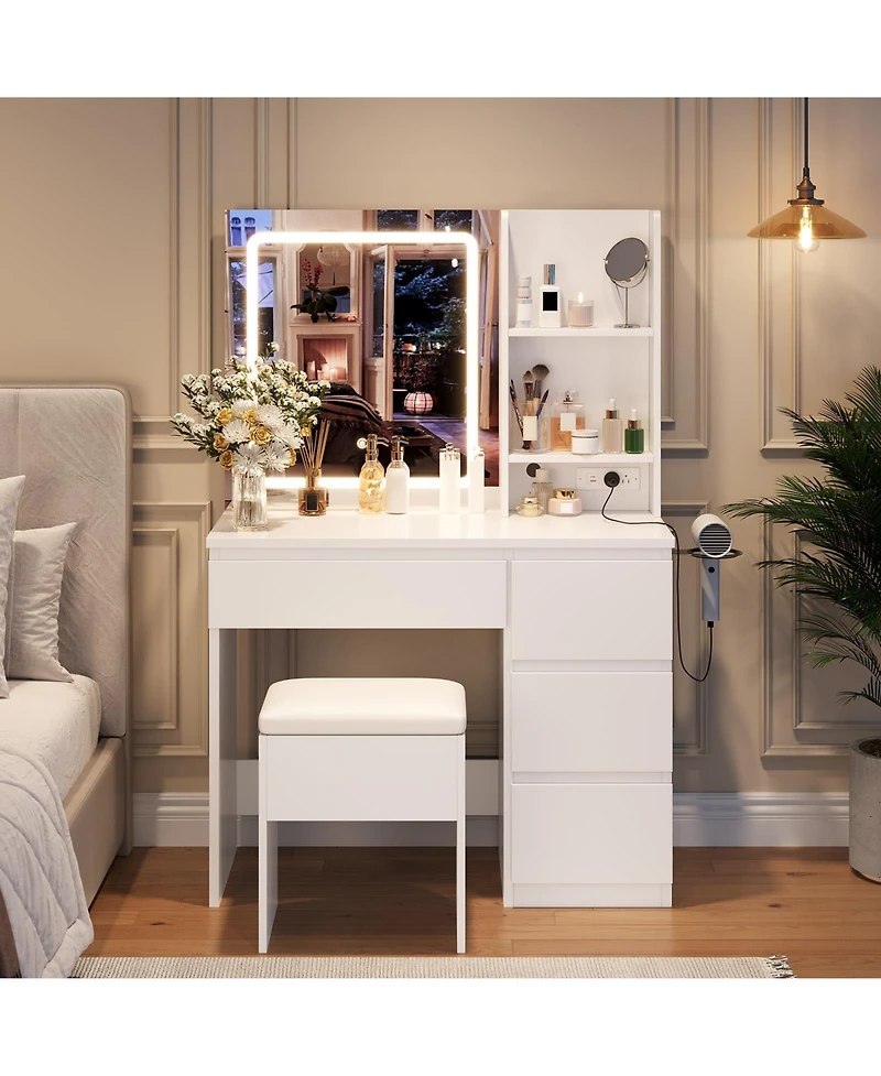 gaomon Makeup Vanity Desk with Lighted Mirror, Dressing Table Set 4 Drawers, Power Outlet, Storage Shelves