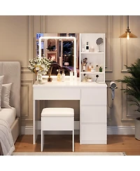 gaomon Makeup Vanity Desk with Lighted Mirror, Dressing Table Set 4 Drawers, Power Outlet, Storage Shelves