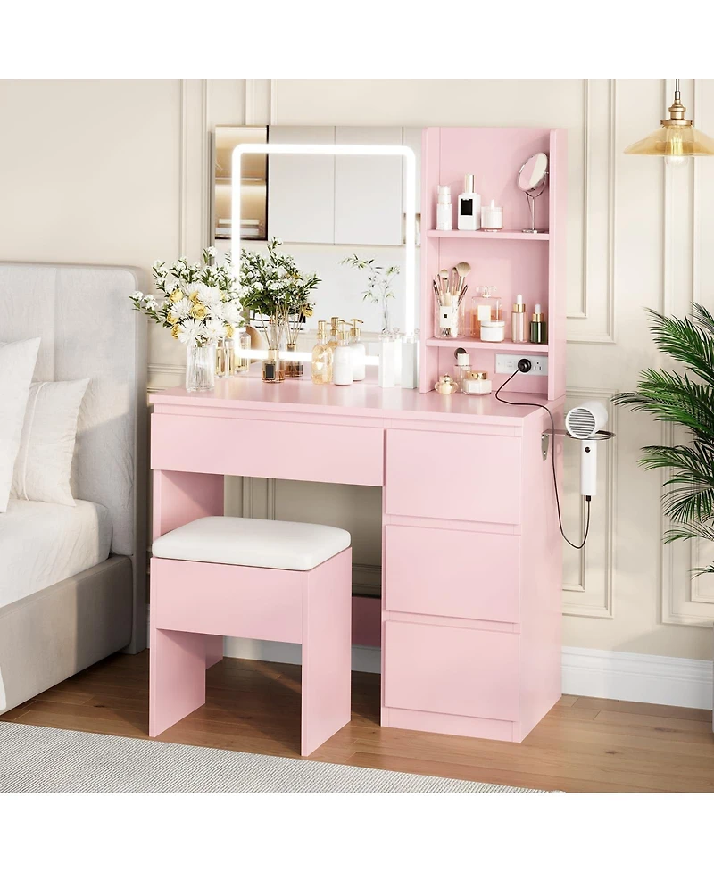 gaomon Makeup Vanity Desk with Lighted Mirror, Dressing Table Set 4 Drawers, Power Outlet, Storage Shelves