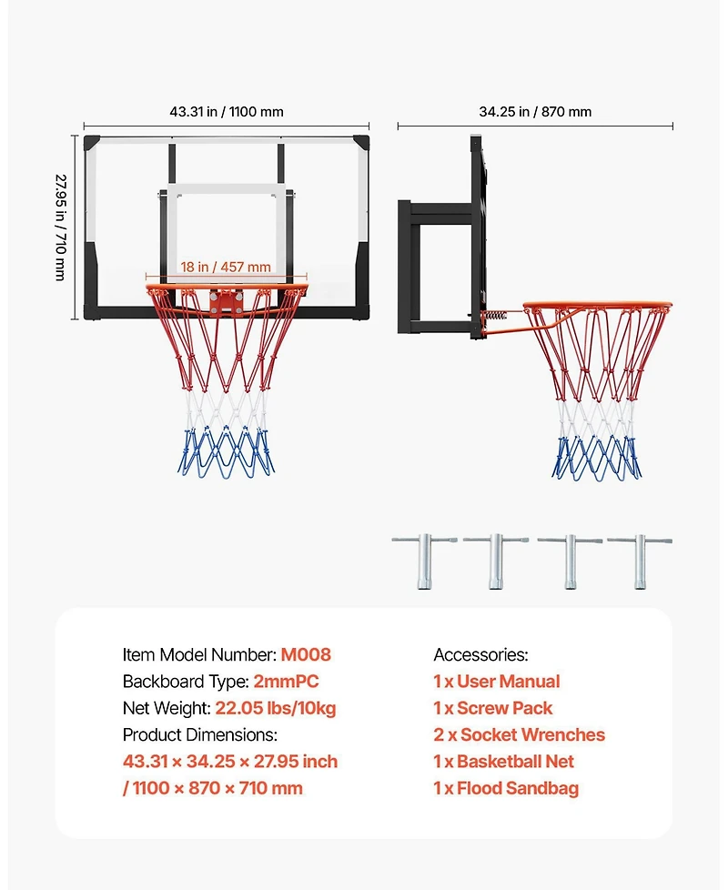 Mecale Wall-Mount Basketball Hoop, 44" Pc Backboard with Solid Steel Frame, 0.08" Thick Backboard, Woven Nylon Net