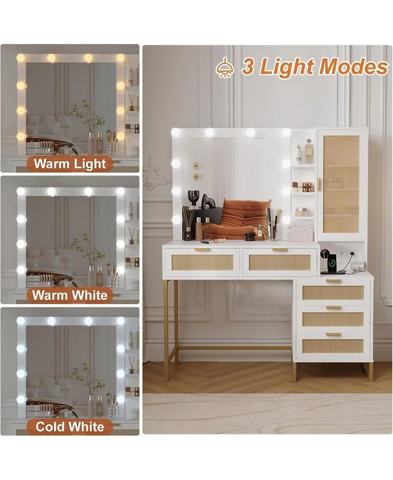 Gaomon Vanity Mirror Lights and Table and Power Outlet Makeup Vanity Table for Bedrooms, Apartments, Easy to Assemble