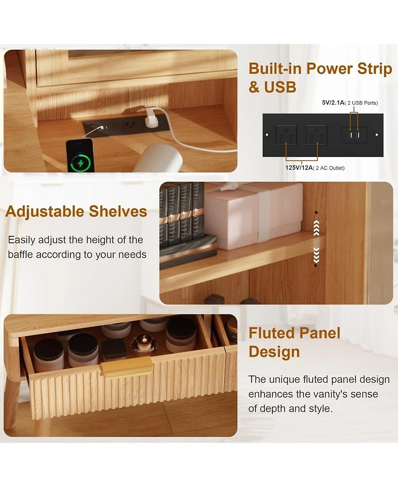 Gaomon 5 Drawer Makeup Vanity Desk Lights & Power Outlet, Modern Fluted Design for Bedrooms, Apartments, Easy to Assemble