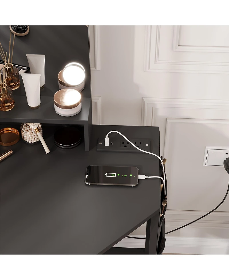 Gaomon Corner Vanity Desk Led Lighted Mirror Charging Station and Storage Cabinet for Bedrooms, Apartments