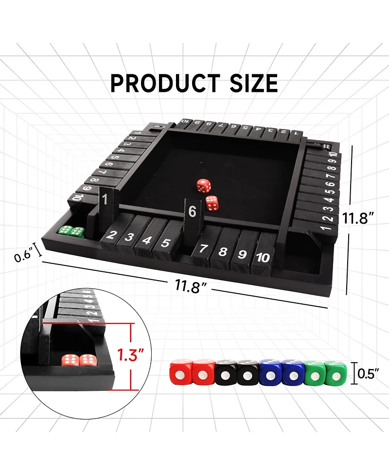 Gse Games & Sports Expert 4-Player Wooden Shut The Box Game Set. 10-Numbers Pub Dice Board with 8 Dice. 4-Way Set