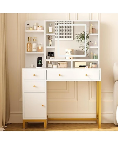 White Vanity Desk Mirror and Lights Makeup Desk Dressing Table for Bedrooms, Apartments, Easy to Assemble