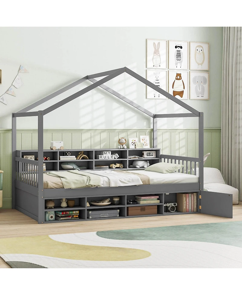 Costway Twin Size House Bed Wooden Platform Bed Frame with Roof & 14 Storage Cubes