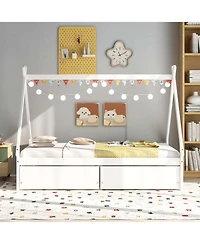 Costway Twin Wooden House Bed with 2 Drawers Roof Storage for Boys & Girls