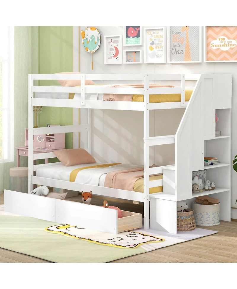 Costway Twin Over Bunk Bed with Storage Stairs & Drawers Full-length Guardrails