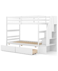Costway Twin Over Bunk Bed with Storage Stairs & Drawers Full-length Guardrails