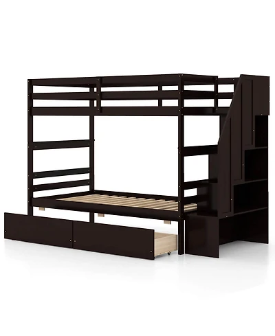 Costway Twin Over Twin Bunk Bed with Storage Stairs & Drawers Full-length Guardrails