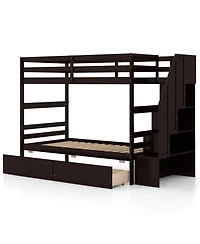 Costway Twin Over Twin Bunk Bed with Storage Stairs & Drawers Full-length Guardrails