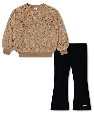 Nike Girls' Toddler 2T-4T Cozy Ribbed Crewneck Top & Flare Leg Pants, 2-Piece Set