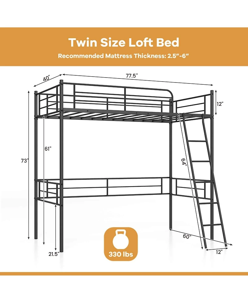 Costway Twin Size Metal Loft Bed Single Loft Bunk Bed with Full-Length Guardrail
