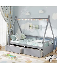 Costway Twin House Bed with Roof Safety Guardrail 2 Storage Drawers Wood Slat Support