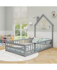 Costway Twin Montessori Floor Bed for Toddler with Lockable Door Full-Length Guardrail