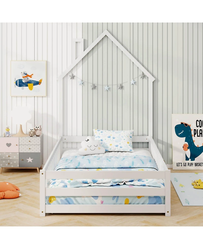 Costway Twin Montessori Floor Bed for Toddler with Lockable Door Full-Length Guardrail