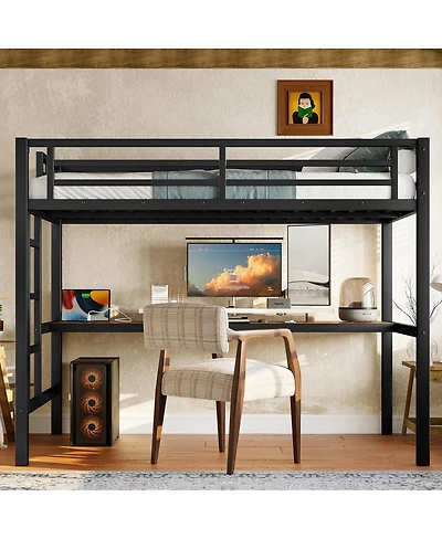 Streamdale Furniture Metal Loft Bed with Power Outlet & Led Light, Black