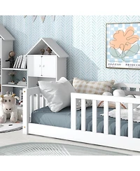 Streamdale Furniture Twin Floor Bed with Fence, Rubber Wood