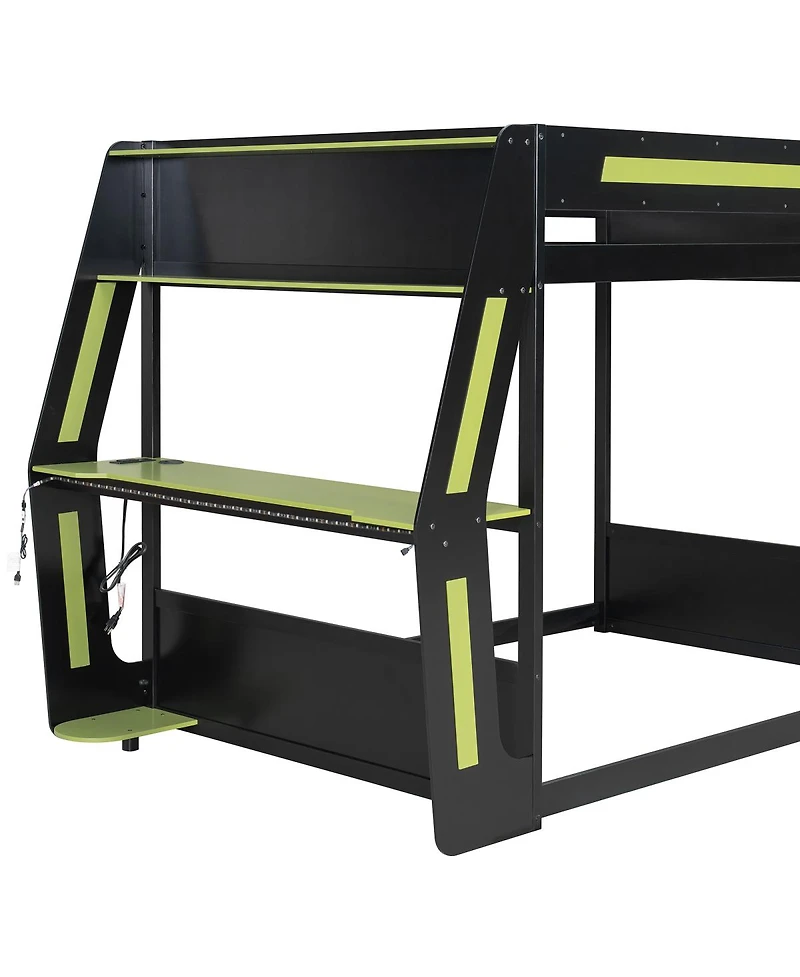 Streamdale Furniture Full-Size Gaming Bunk Bed with Rgb Desk, Usb Ports, Led Strip & Cable Grommet - Green