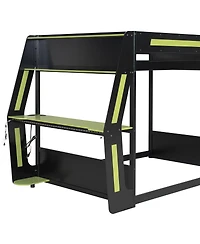Streamdale Furniture Full-Size Gaming Bunk Bed with Rgb Desk, Usb Ports, Led Strip & Cable Grommet - Green