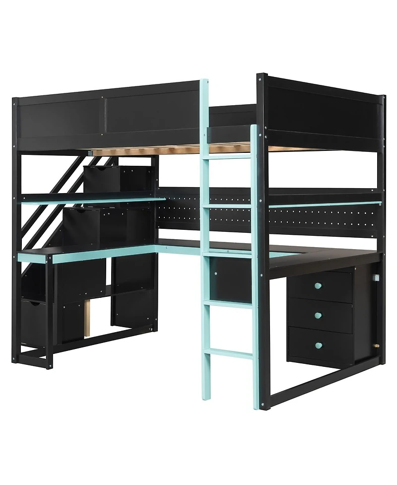 Streamdale Furniture Full Size Wooden Gaming Loft Bed with Storage Stairs, Desk, Shelves & Pegboard, Black+Blue