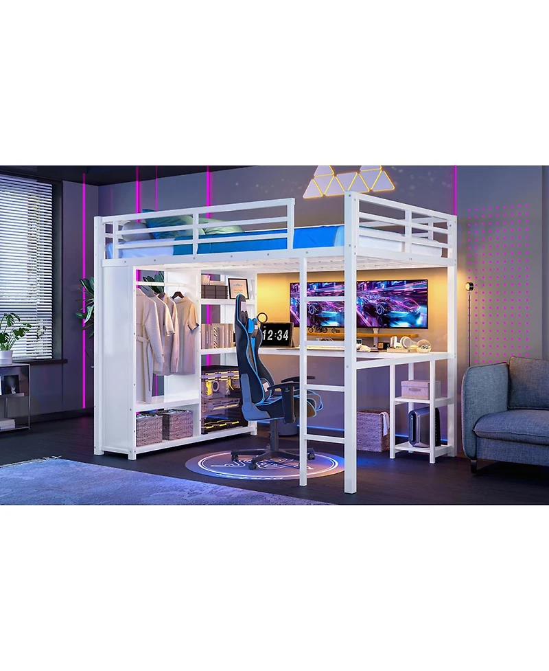 Streamdale Furniture Queen Size Loft Bed Frame with Wardrobe, Desk & Shelves