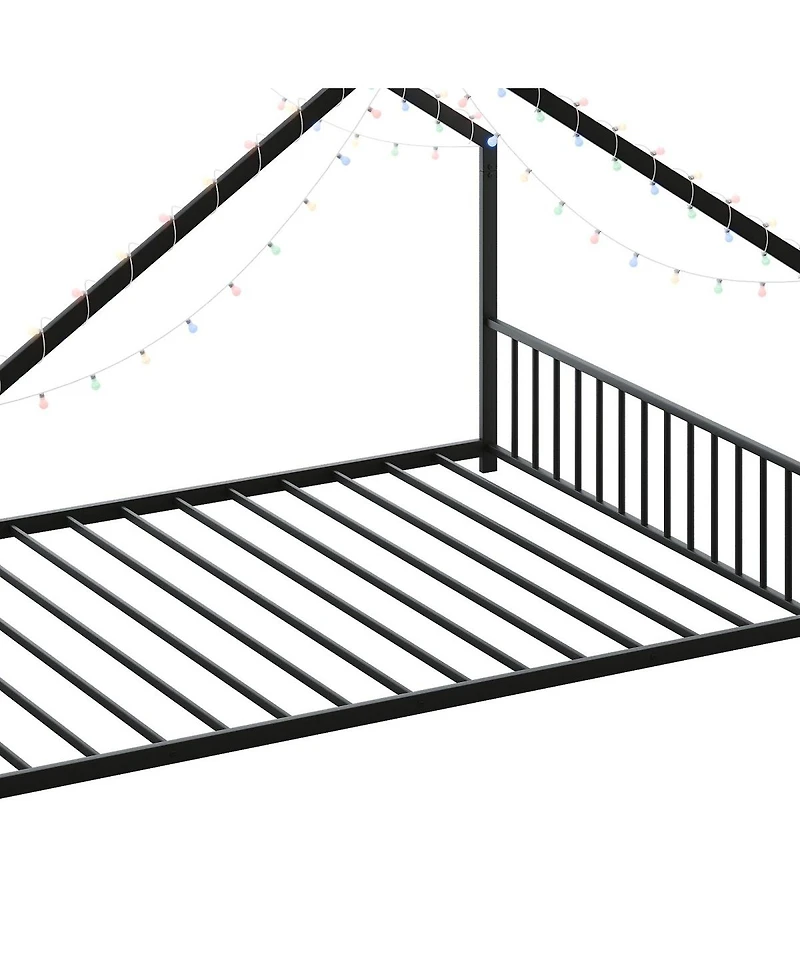 Streamdale Furniture Children's Full Size Bed Frame with Led Lights, Roof-Shaped Iron, Black
