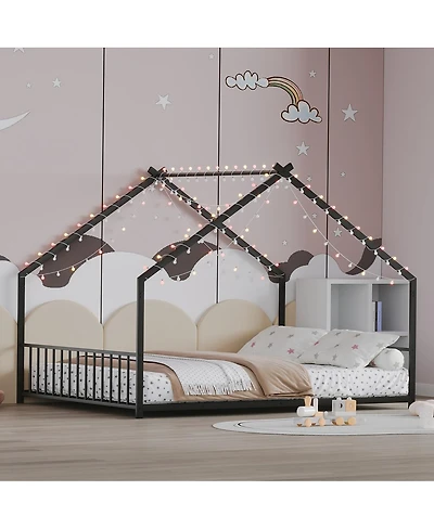 Streamdale Furniture Children's Full Size Bed Frame with Led Lights, Roof-Shaped Iron, Black