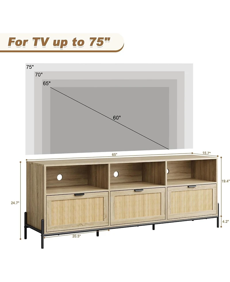 gaomon Rattan Tv Stand for 75" TVs, Modern Entertainment Center with 3 Drawers, Wood Console with Metal Legs, Oak