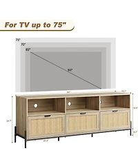 gaomon Rattan Tv Stand for 75" TVs, Modern Entertainment Center with 3 Drawers, Wood Console with Metal Legs, Oak