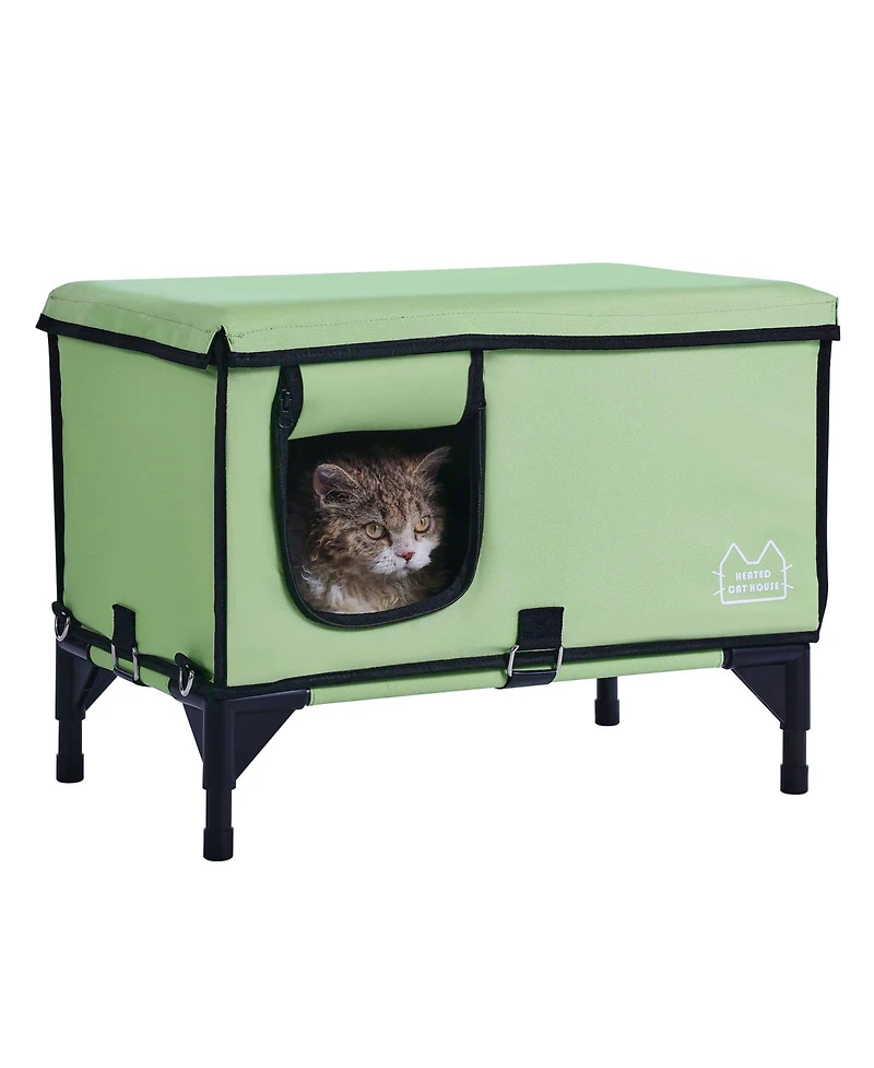 Zeus & Ruta Green Elevated Heated Cat House Cuboid Kitty Shelter with Heating Pad (M)