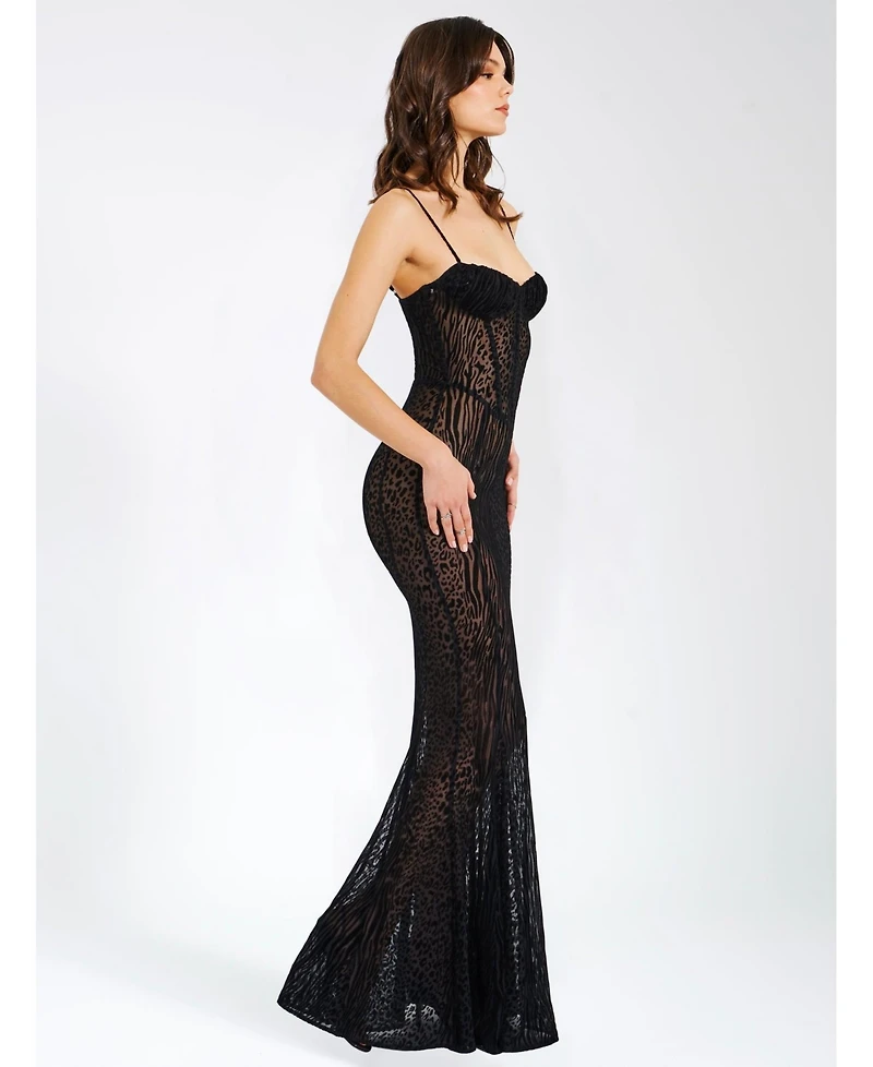 Miss Circle Women's Ulani Black Burnout Velvet Detail Mesh Maxi Dress