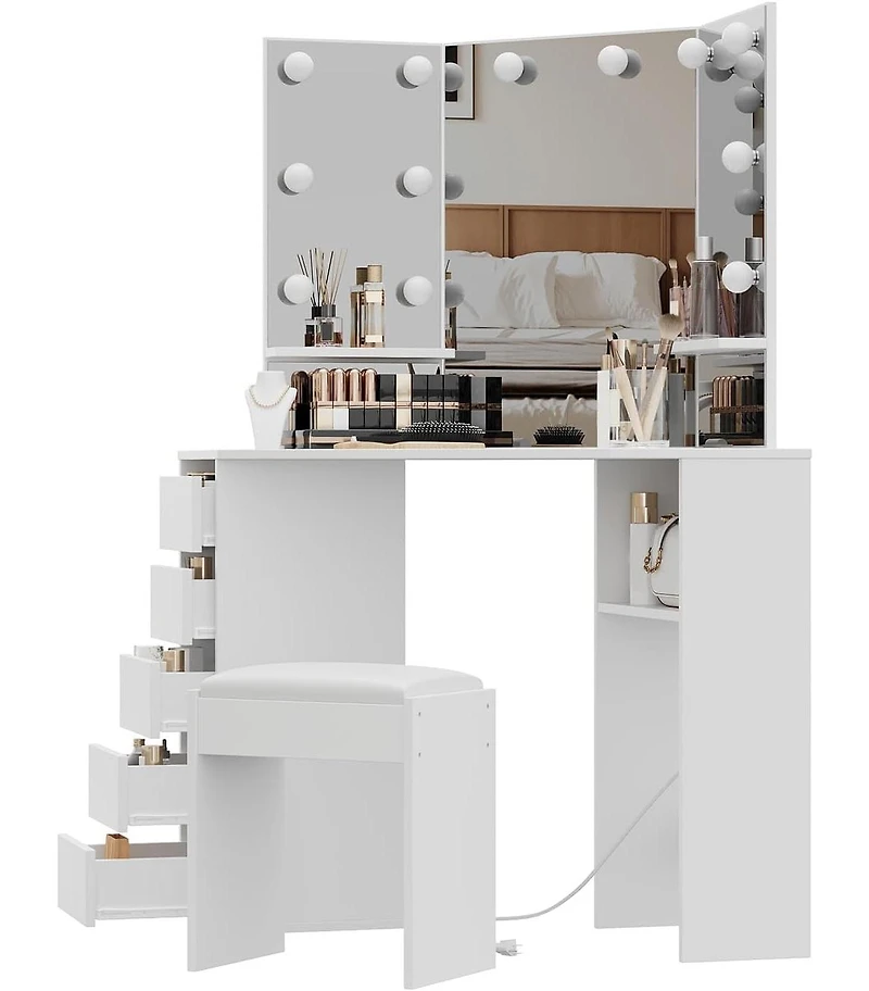 gaomon Corner Vanity and Stool, Corner Vanity Desk with Mirror and Lights, Corner Makeup Vanity with Power Outlet, 3 Color