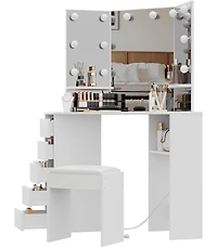 gaomon Corner Vanity and Stool, Corner Vanity Desk with Mirror and Lights, Corner Makeup Vanity with Power Outlet, 3 Color