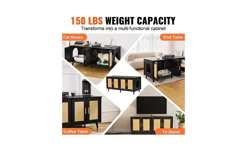 Zeus & Ruta Black Wooden 2-Room Cat Litter Box Enclosure