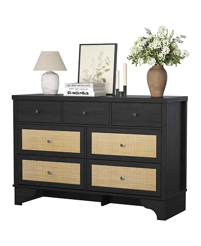 Gaomon 7 Drawer Dresser for Bedroom, 47.3" Wide Natural Rattan Chest of Drawers